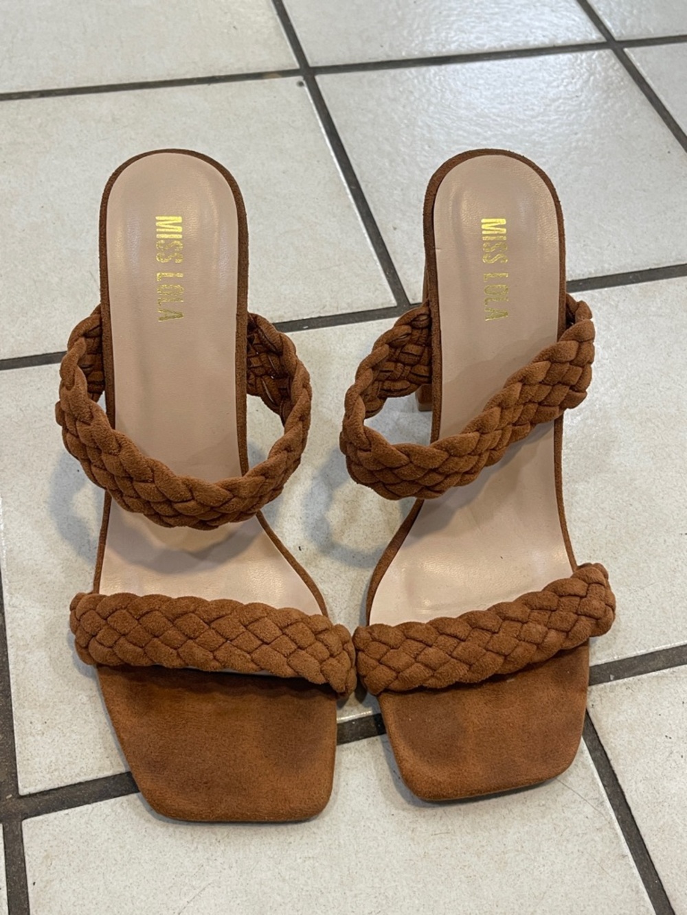 Miss Lola Braided Double-Strap Tan Suede Slide Heels